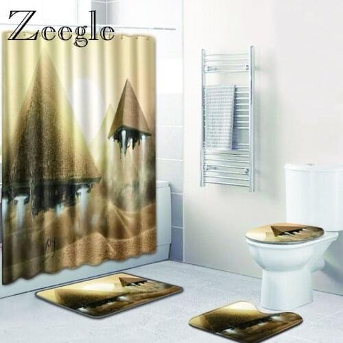 Zeegle Bath Curtain Set 4PCS Toilet Mat Set Waterproof Shower Curtain Pedestal Rug Microfiber Bathroom Soft Foot Carpet Doormat