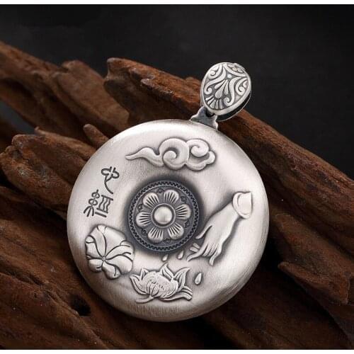 L&P Handmade 999 Sterling Silver Auspicious Clouds Lotus Sutra Pendant For Women Men Vintage Charms For Women