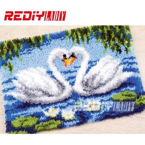 Hot! Latch Hook Rug Kits DIY Needlework Unfinished Crocheting Rug Yarn Cushion Mat Swan Lovers Embroidery Carpet Rug Home Decor