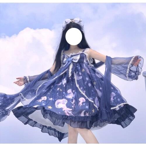 Kawaii Girls Lolita Jsk Dress Summer 2021 New Japanese Cute Bow Lace Vintage Printing Sleeveless Dress Tube Top Suspender Dress