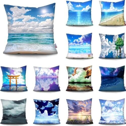 Fashion Blue Sky Pattern Cushion Cover Cartoon ocean Super Soft Short Plush Cushion Covers Car Sofa Home Decor Pillow Case Funda