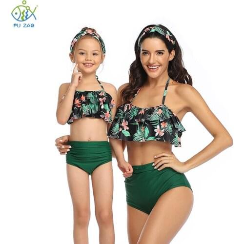 Parent-child Swimsuit Leopard Flower Spots Printed High Waist Suspender Bikini Beach Push Up Ruffled Bathing Girl Micro Swimwear