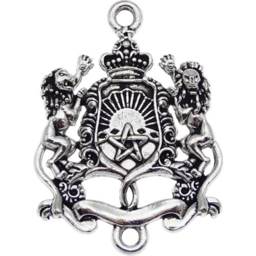 Julie Wang 4PCS Double Lion Badge Charms Antique Silver Color Zinc Alloy Crown Connector Pendants Jewelry Making Accessory