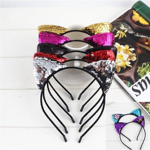 Cat Ear Sequin Glitter Reversible 2 Colour Hairband Headband Hair Head Bands Accessories For Girls Turban Headwear Headdress
