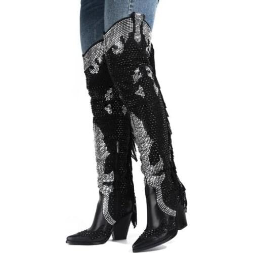 Drop Shipping Woman Fashion Black Rivets Bling Over The Knee Boots Pointed Toe Chunky Heels Tassel Back Patchwork Long Boots 44