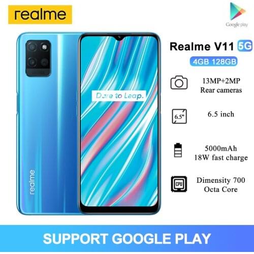 Realme V11 5G Cellphones 6.5'' AMOLED Fullscreen Dimensity 700 Octa Core 13MP Double Cams 18W Fast Charge 4GB 128GB Mobile Phone