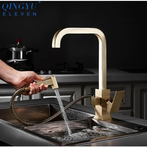 Nordic Brushed Gold Brass Kitchen Faucets Hot and cold water Rotation Kitchen Faucets With Pull Spray Gun