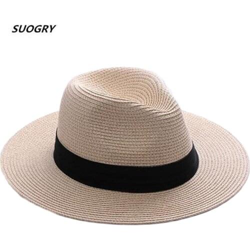 SUOGRY Brand Straw Hats For Women Panama Hat Beige White Mens Beach Casual Wide Brimmed Summer Hawaiian Fashion Sun Hat