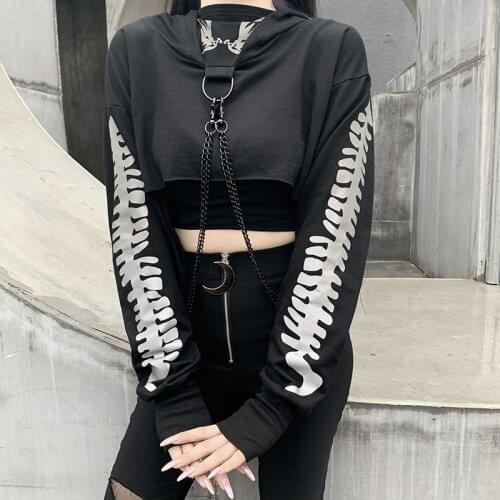 Womens Sweatshirt Casual Long Sleeve Hoodies,2021 Autumn New Fashion Reflective Fish Bone Print Exposed Navel Hooded Tops Coat