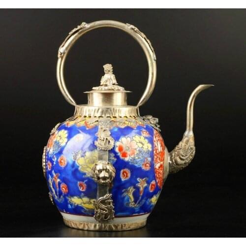 Decoration Vintage Collection Handmade Collect Porcelain Hand-painted Tibet Silver Teapot statue Tibet Miao Antique Old Silver