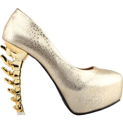 LF80610-2 Beige Skull Rose Print Platform Bone Heel Party Club Pumps