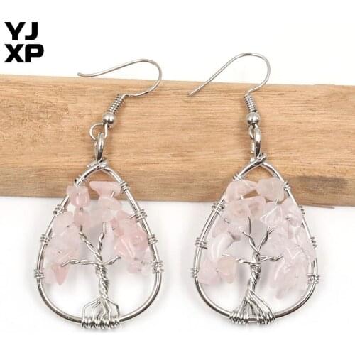 YJXP Silver Plated Wire Wrap Tree of Life Water Drop Rose Pink Quartz Dangle Earrings Trendy Jewelry