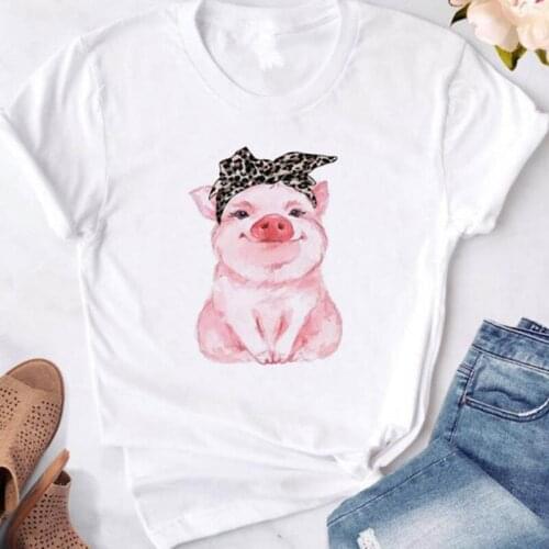2021 Summer New Women Short Sleeve O-neck Basic White T Shirt Plus Size 4XL Cute Pig Cartoon Printed Casual Top Tee Shirt