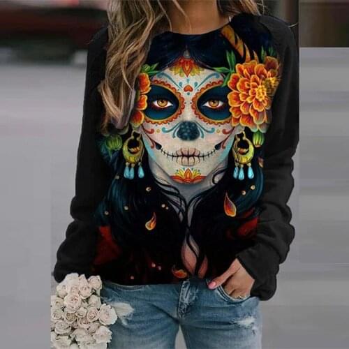Women 2021 Spring Abstract Full Sleeve Loose Thin Sweatshirts Casual Round Neck Tops Black Color Skull Print Pullover Shirt