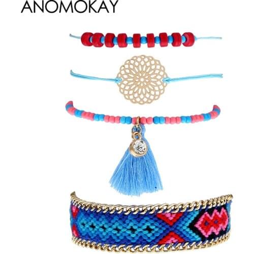 Bohemia Style Handmade Rope Tassel Wrap Bracelets for Women Fashion Gold Link Chain Bead Friendship Link Bracelets Jewelry Gift