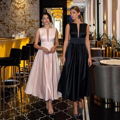 Angelsbridep Simple Tea-Length Satin Evening Dress Illustion V-Neck Sleeveless Evening Gown Sexy Backless A-Line Prom Dress