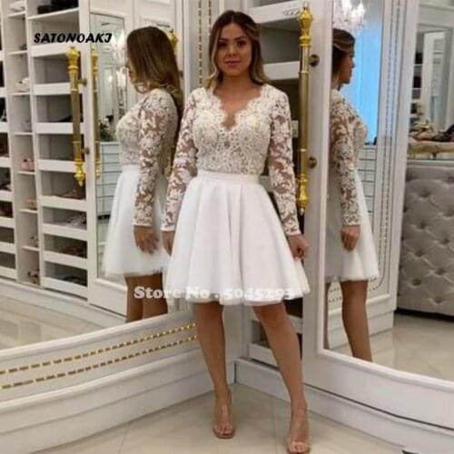 Sexy Short Wedding Dress V-Neck Long Sleeve Lace For Women Bridal Gowns Custom Made Vestido De Novia Robe Mariage Undefined