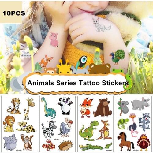 10Pcs Childrens Toys Tattoo Stickers Cartoon Animal Giraffe Tigher Bear Cat Waterproof Body Face Kids Temporary Tattoos Sticker