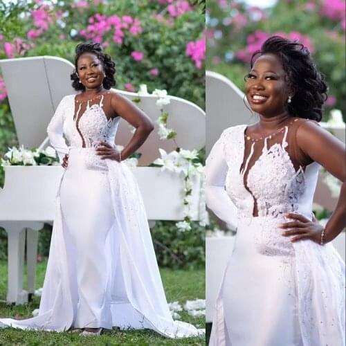 African Mermaid Wedding Dresses Arabic Bride Gowns Jewel Neck Illusion Lace Appliques Crystal Beads Detachable Train Overskirts