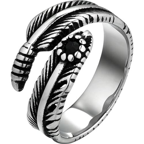 BONISKISS Retro High-quality Vintage Stainless Steel Silver Color Feather Rings Adjustable Opening Statement Antique Ring