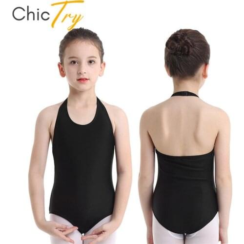 ChicTry Kids Teens Halter Ballet Leotard Girls Solid Color Gymnastics Leotard Gym Sports Bodysuit Kids Cutout Back Dance Wear