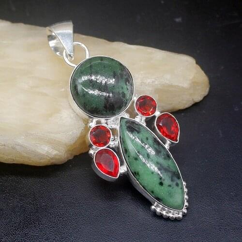 Gemstonefactory Jewelry Big Promotion 925 Silver Green Obsidian Amazing Red Garnet Women Ladies Gifts Necklace Pendant 0634