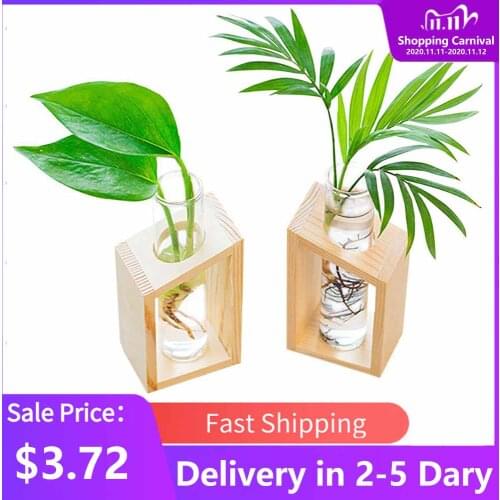 Hot Sale Crystal Glass Test Tube Vase in Wooden Stand Flower Pots for Hydroponic Plants Home Garden Decoration