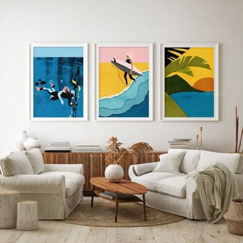 Scuba Diver Art Print, Surfer Girl Poster, Tropical Paradise Adventure Set, Surfing Bliss, Water Sports, Summer Vibes Art, Surf