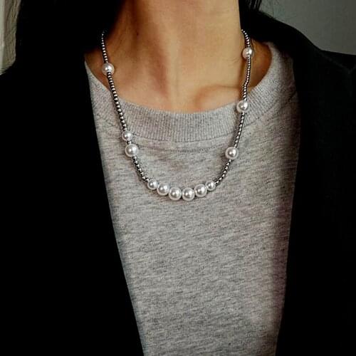 Faux Pearl Necklace Punk Style Retro All-Match Chain Necklace Beaded Chain Necklace for Women Punk Jewelry Accessories