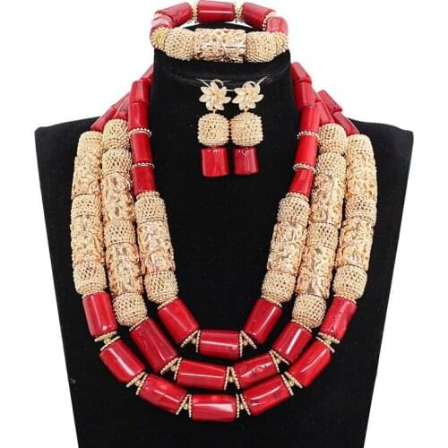 Quality Red Real Coral Beads Bridal Jewelry Set 3 Layers Wine Red and Gold Costume Statement Women Jewelry Set Gift CNR217
