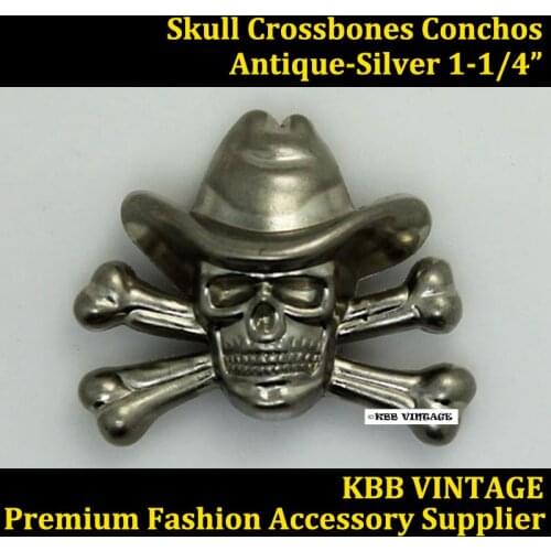 KB701) 10pc 1-1/4'' Metal Cowboy Decor Skull Concho Leathercraft Antique-Silver