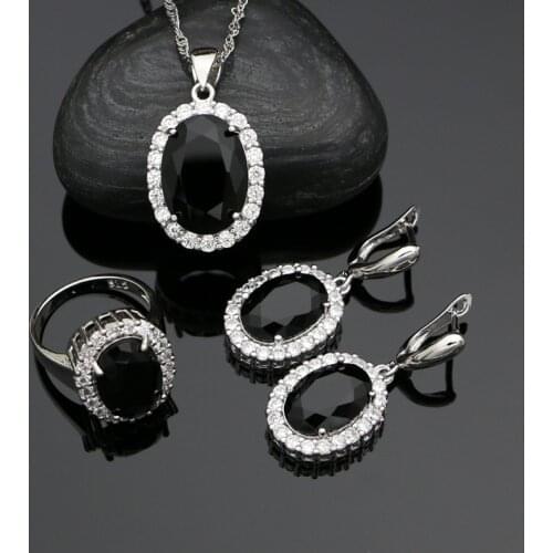 925 Sterling Silver Punk Jewelry Sets For Women Black Cubic Zirconia Earrings Pendant Ring Necklace Party Jewelry Set