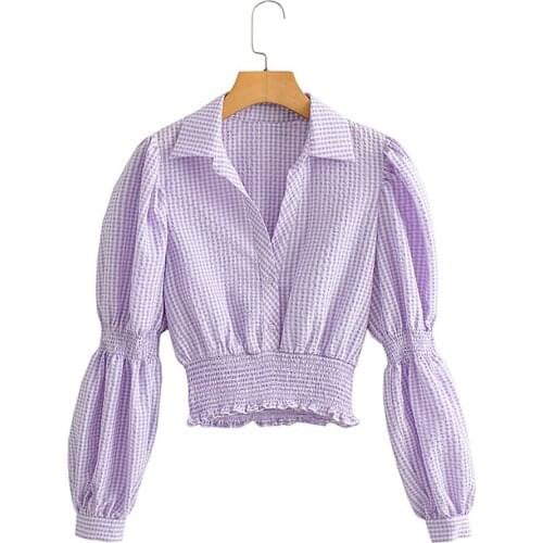 Waist Slim Plaid Short Shirt 2021 Autumn Womens New Lapel Long-Sleeved Honeycomb Lattice Elastic Decoration Layer