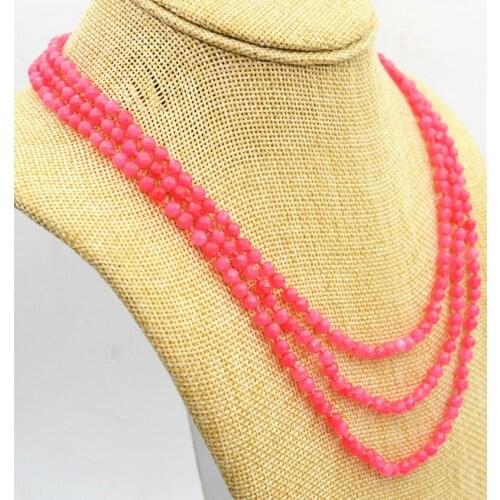 Beautiful 3 Rows Natural 4mm Faceted Pink Ruby Round Gems Beads Necklace 17-19