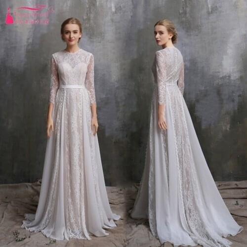 Illusion Neck Lace A Line Wedding Dresses Bohemian Vintage Simple Long Sleeves Wedding Bridal Gown Real Photo DQG599