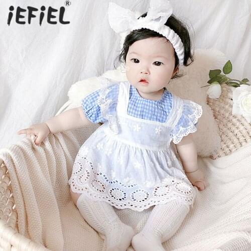 Summer Baby Girls Clothes Newborns Baby Bodysuits Fresh Style Plaid Romper Top and Lace Suspender Skirt Outfit 2pcs Children Set