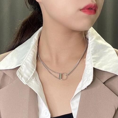 Trendy Simple Double layer Circle Buckle Choker Necklace for Men Women Stainless Steel Clavicle Chain Collar Fashion Jewelry