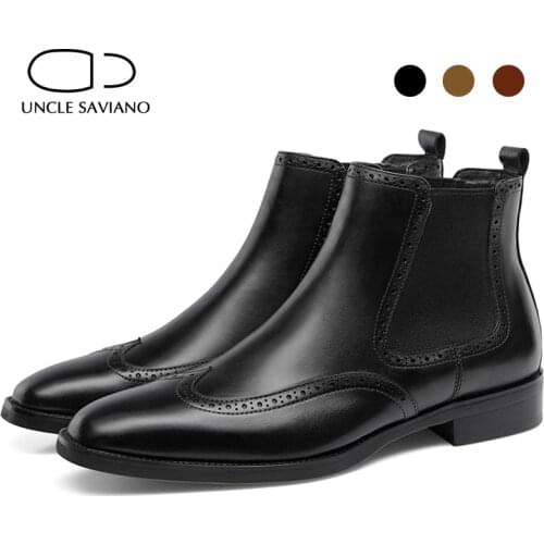 Uncle Saviano Ankle Chelsea Winter Mens Boots Brogue Shoes Work Boots Genuine Leather Fashion Designer Non-Slip Shoes Men