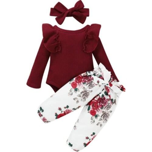 Newborn Baby Girl Ruffles Long Sleeve Cotton Bodysuit Tops Floral Long Pant Headband 3pcs Baby Girls Autumn Clothes 0-18 Months