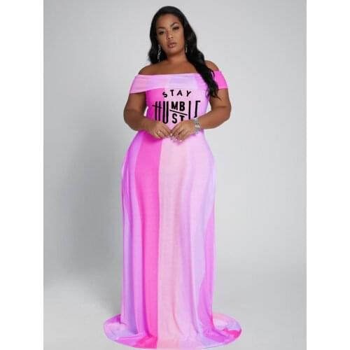 ChocoMisty-LadyPlus Plus-size Dresses Off Shoulder Letter Print Color Block Maxi Dress H3707