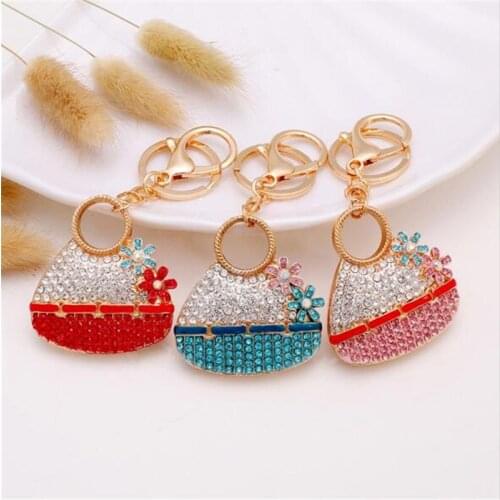 Pink Blue Crystal Flower Bag Shaped Keychain Rhinestone Women Handbag Holder Keyring Pendant Key Chain Jewelry