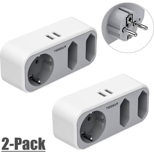 TESSAN 2-Packs Portable Power Strip with 3 AC Outlets, 2 USB Ports and On/Off Switch EU Wall Socket Overload Prtection for Home