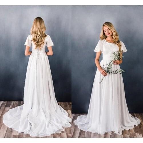 Chiffon Boho Modest Wedding Dresses With Short Flutter Sleeves Beaded Lace-up Corset Back Country Women beach Bridal Gown