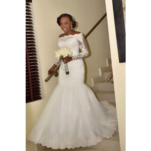 Vestido de noiva 2019 New Mermaid Wedding Dresses boat neck Sheer Long Sleeve Robe De Marriage Tulle Lace Beads Bridal Gowns