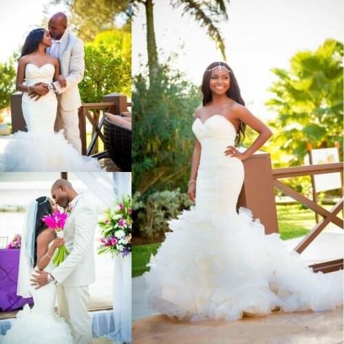 African Mermaid Wedding Dresses Sweetheart Tiered Skirt Organza Sweep Train Ruffles Plus Size Country Wedding Bridal Gown