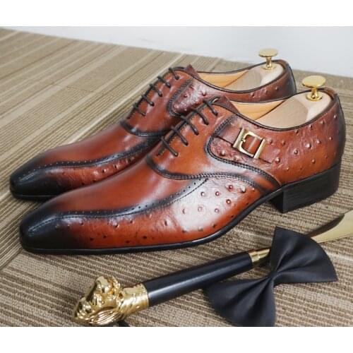 Luxury Men Oxford Shoes Brown Black Ostrich Leather Prints Pointed Toe Lace Up Buckle Formal Dress Office Wedding Shoes For Men