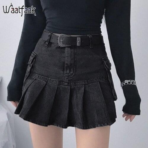 Waatfaak Streetwear Black Pocket Patchwork Denim Skirt Short Sexy A Line Goth Mini Skirt Egirl Jean Jean Steampunk Hippie Dance