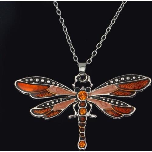 Vintage Women Antique Retro Statement Champagne Jewelry Pendants Necklace Boho Chain Crystal Dragonfly Animal Necklaces Collier