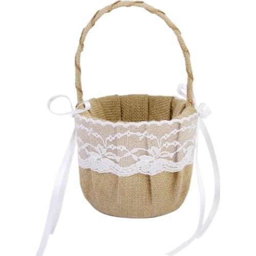MagiDeal Handmade Vintage Burlap Jute Lace Bow Wedding Party Anniversary Flower Girl Basket Flower Pots