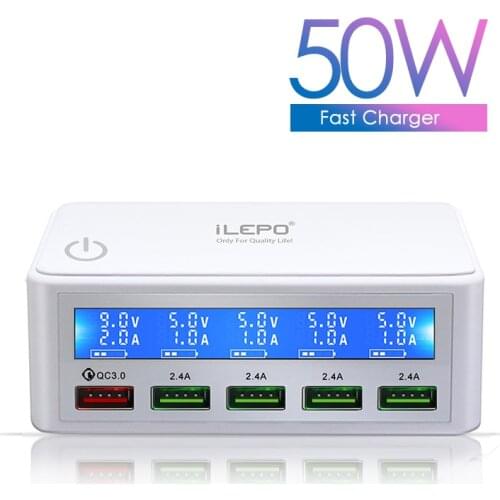 ILepo Black/White QC3.0 USB Charger US/EU/UK Plug 50W Smart charging 5V3A 9V2A 12V1.5A For Iphone iPad Quick Charger LCD Display